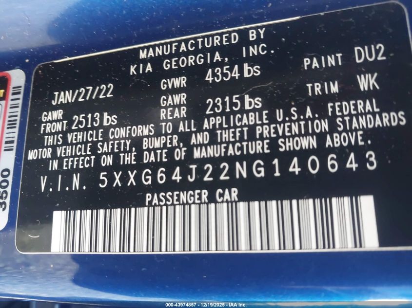 2022 Kia K5 Gt-Line VIN: 5XXG64J22NG140643 Lot: 43974857