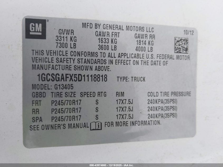 2013 Chevrolet Express 1500 Work Van VIN: 1GCSGAFX5D1118818 Lot: 43974860