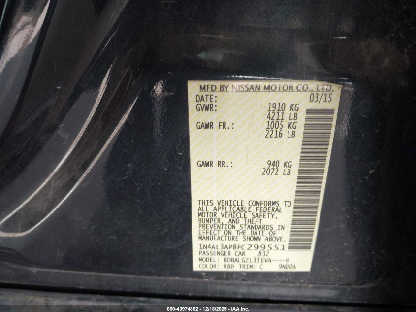 2015 Nissan Altima 2.5 S VIN: 1N4AL3AP8FC299551 Lot: 43974862