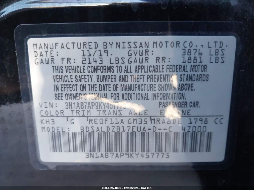 2019 Nissan Sentra Sv VIN: 3N1AB7AP9KY457775 Lot: 43974866