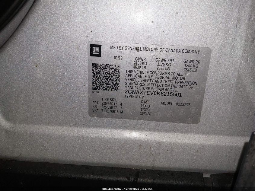 2019 Chevrolet Equinox Lt VIN: 2GNAXTEV0K6215501 Lot: 43974867