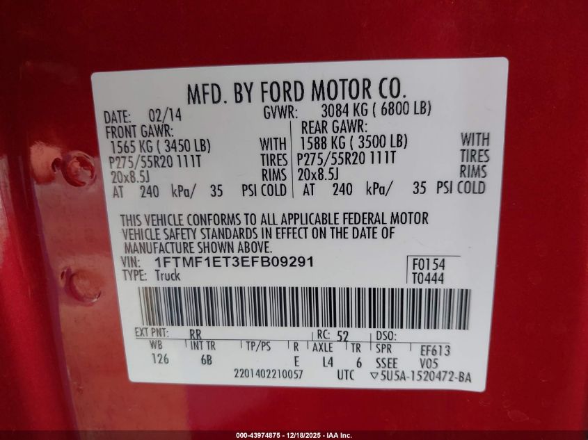 2014 Ford F-150 Fx4 Tremor VIN: 1FTMF1ET3EFB09291 Lot: 43974875