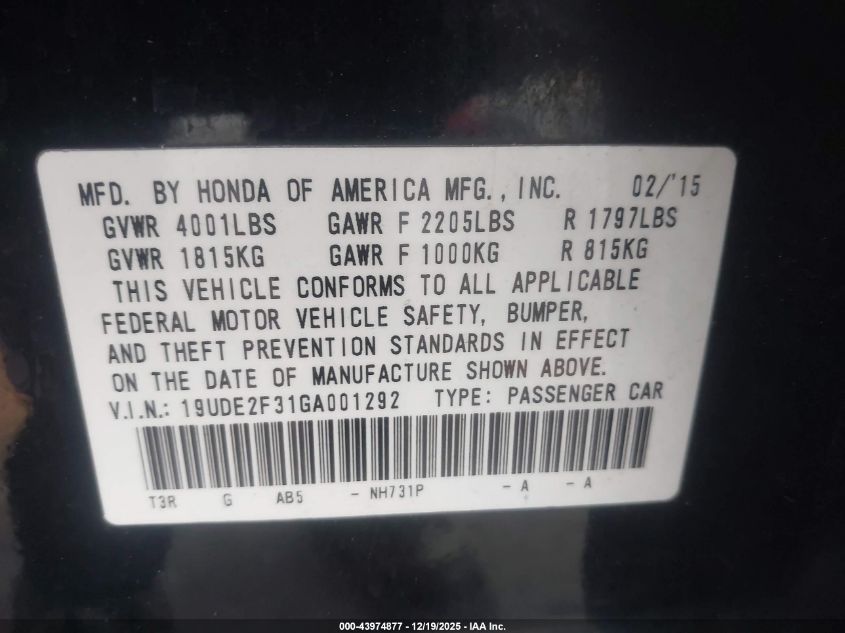 2016 Acura Ilx 2.4L/Acurawatch Plus Package VIN: 19UDE2F31GA001292 Lot: 43974877