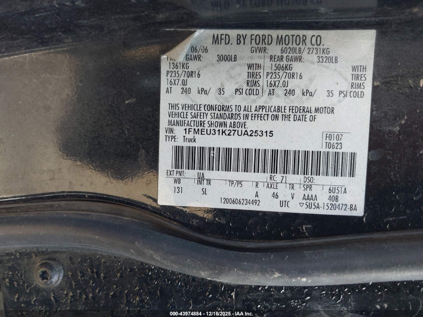 2007 Ford Explorer Sport Trac Xlt VIN: 1FMEU31K27UA25315 Lot: 43974884
