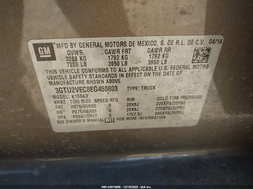 2014 GMC Sierra 1500 Slt VIN: 3GTU2VEC8EG450803 Lot: 43974886