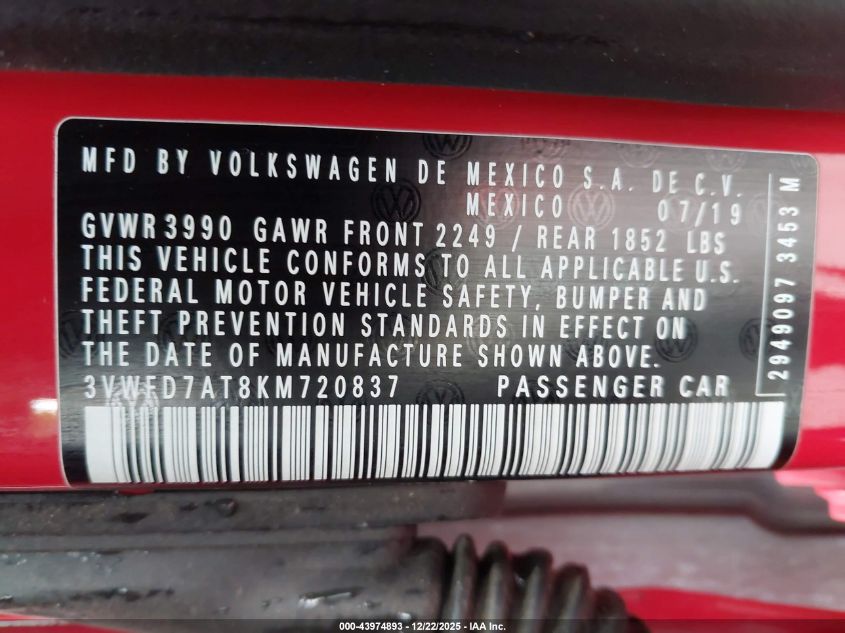 2019 Volkswagen Beetle 2.0T Final Edition Se/2.0T Final Edition Sel/2.0T S VIN: 3VWFD7AT8KM720837 Lot: 43974893