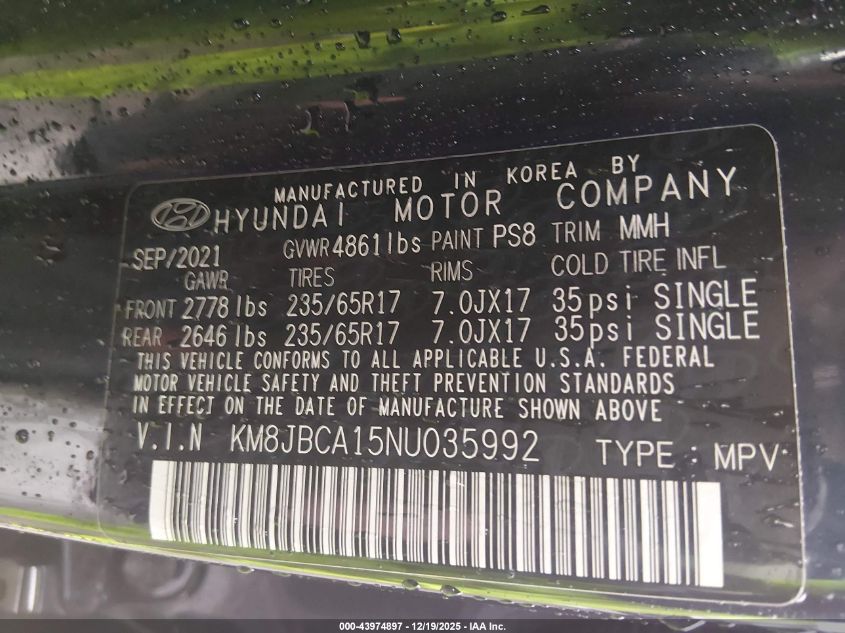 2022 Hyundai Tucson Hybrid Blue VIN: KM8JBCA15NU035992 Lot: 43974897