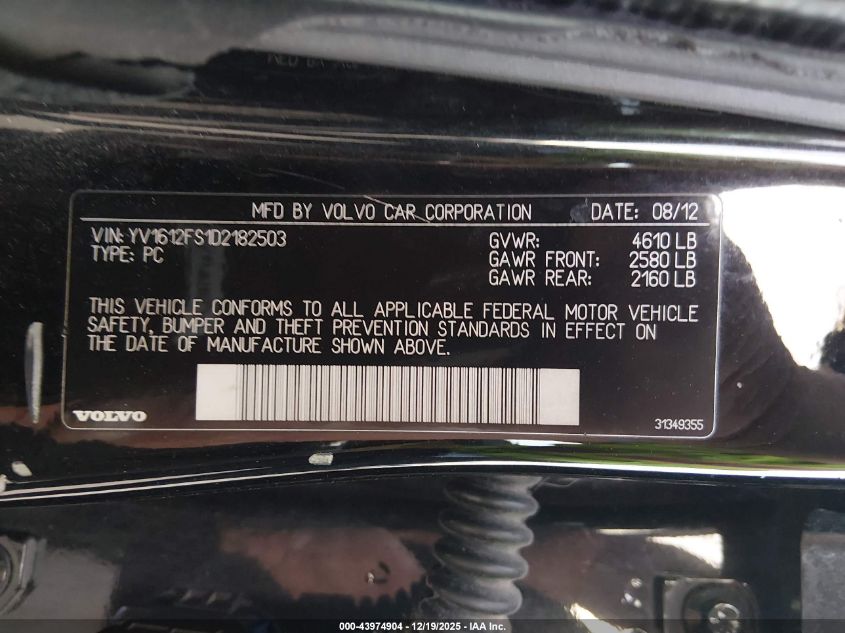 2013 Volvo S60 T5/T5 Platinum/T5 Premier/T5 Premier Plus VIN: YV1612FS1D2182503 Lot: 43974904