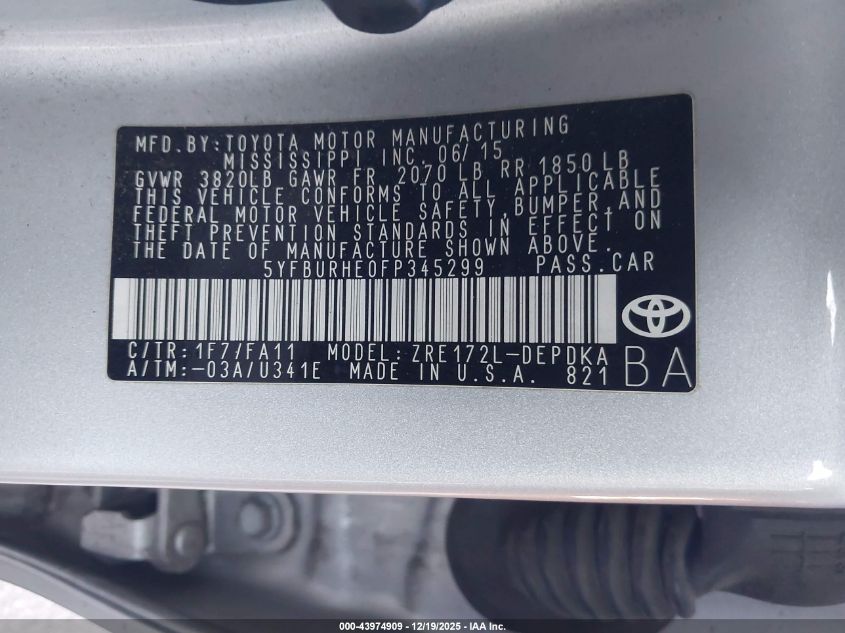 2015 Toyota Corolla L VIN: 5YFBURHE0FP345299 Lot: 43974909