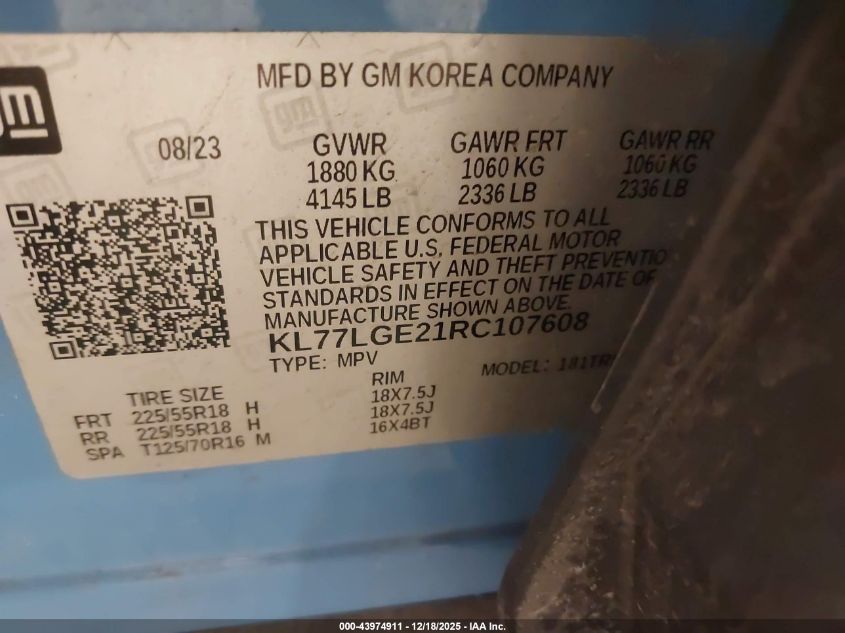 2024 Chevrolet Trax Fwd 1Rs VIN: KL77LGE21RC107608 Lot: 43974911