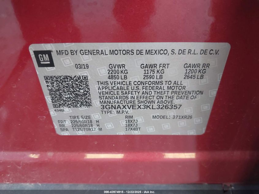 2019 Chevrolet Equinox Lt VIN: 3GNAXVEX3KL326357 Lot: 43974915