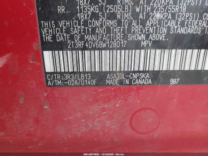 2011 Toyota Rav4 Sport VIN: 2T3RF4DV6BW128017 Lot: 43974920