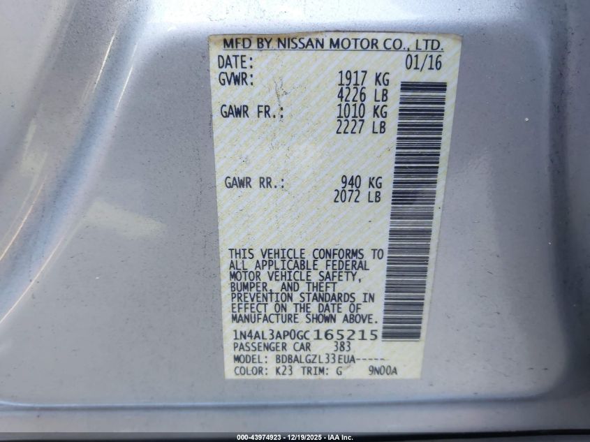 2016 Nissan Altima 2.5/2.5 S/2.5 Sl/2.5 Sr/2.5 Sv VIN: 1N4AL3AP0GC165215 Lot: 43974923