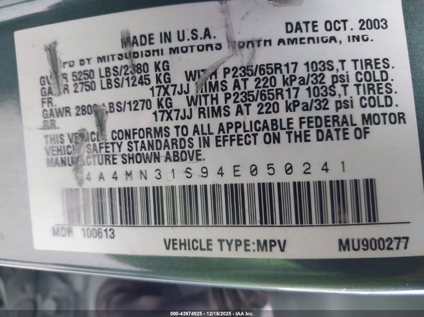 2004 Mitsubishi Endeavor Xls VIN: 4A4MN31S94E050241 Lot: 43974925