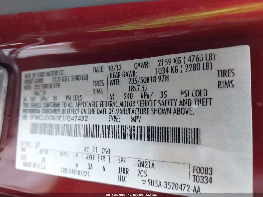 2014 Ford Escape Se VIN: 1FMCU0G93EUB47432 Lot: 43974926