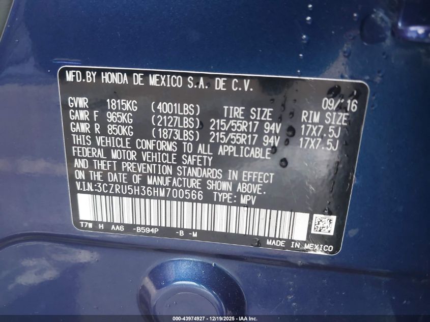 2017 Honda Hr-V Lx VIN: 3CZRU5H36HM700566 Lot: 43974927