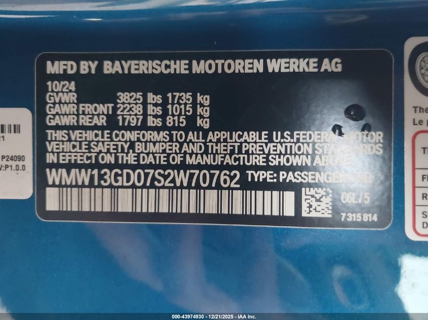 2025 Mini Hardtop Cooper VIN: WMW13GD07S2W70762 Lot: 43974930