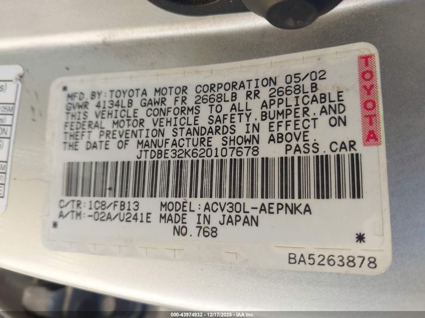 2002 Toyota Camry Le VIN: JTDBE32K620107678 Lot: 43974932