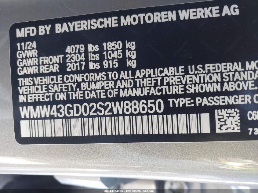 2025 Mini Hardtop Cooper VIN: WMW43GD02S2W88650 Lot: 43974936