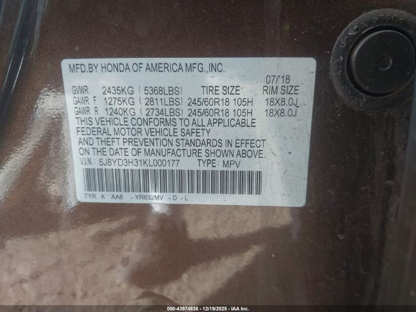 2019 Acura Mdx Standard VIN: 5J8YD3H31KL000177 Lot: 43974938