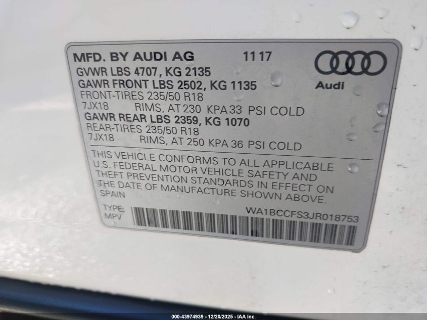 2018 Audi Q3 2.0T Premium/2.0T Sport Premium VIN: WA1BCCFS3JR018753 Lot: 43974939