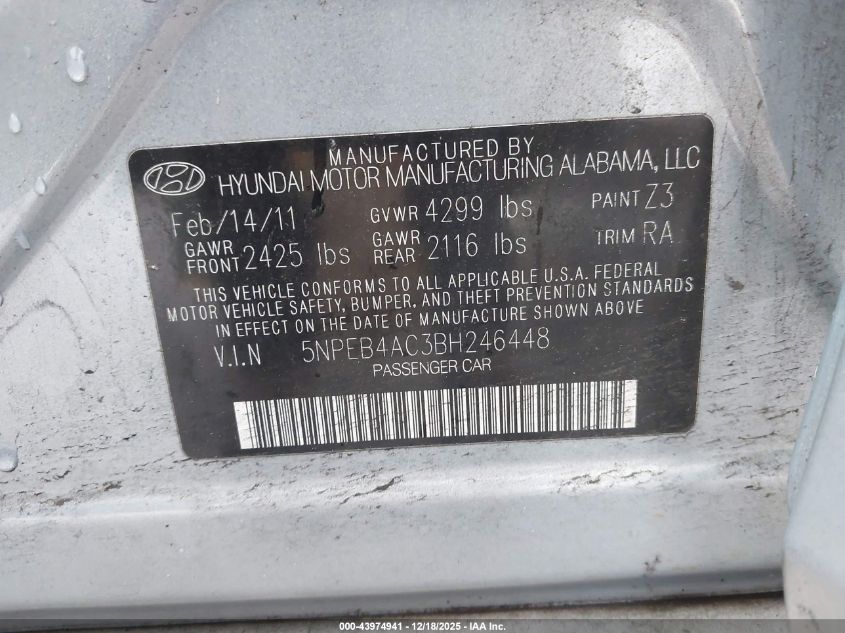 2011 Hyundai Sonata Gls VIN: 5NPEB4AC3BH246448 Lot: 43974941