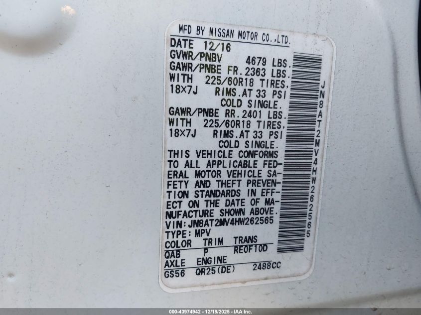 2017 Nissan Rogue Sl VIN: JN8AT2MV4HW262565 Lot: 43974942