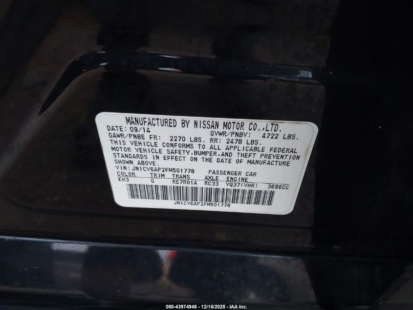 2015 Infiniti Q40 VIN: JN1CV6AP2FM501778 Lot: 43974946