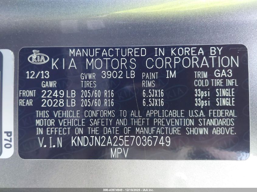 2014 Kia Soul VIN: KNDJN2A25E7036749 Lot: 43974949