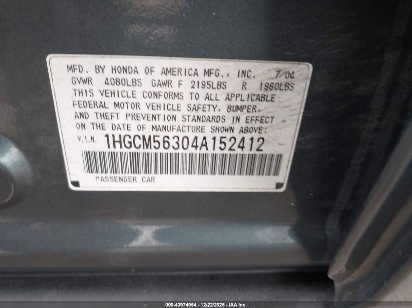 2004 Honda Accord 2.4 Lx VIN: 1HGCM56304A152412 Lot: 43974954