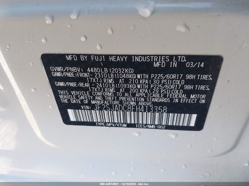 2015 Subaru Forester 2.5I Premium VIN: JF2SJADC8FH413358 Lot: 43974957