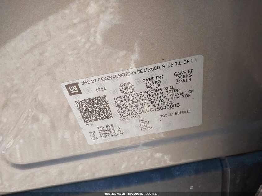 2018 Chevrolet Equinox Lt VIN: 3GNAXSEV6JS640005 Lot: 43974958