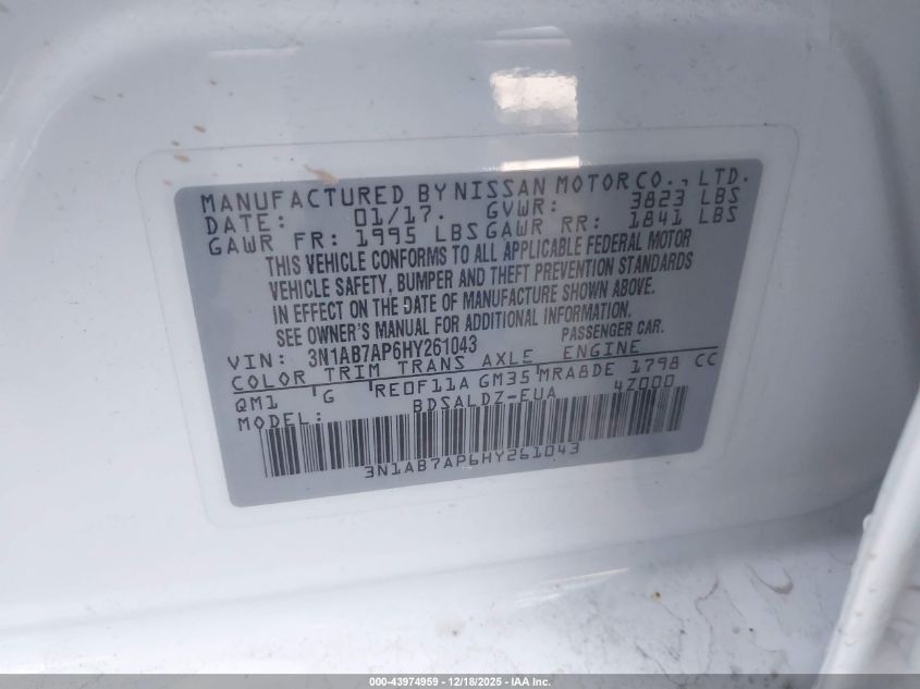 2017 Nissan Sentra Sv VIN: 3N1AB7AP6HY261043 Lot: 43974959