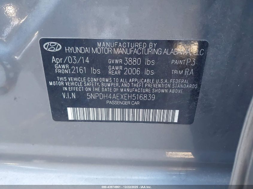 2014 Hyundai Elantra Se VIN: 5NPDH4AEXEH516839 Lot: 43974961