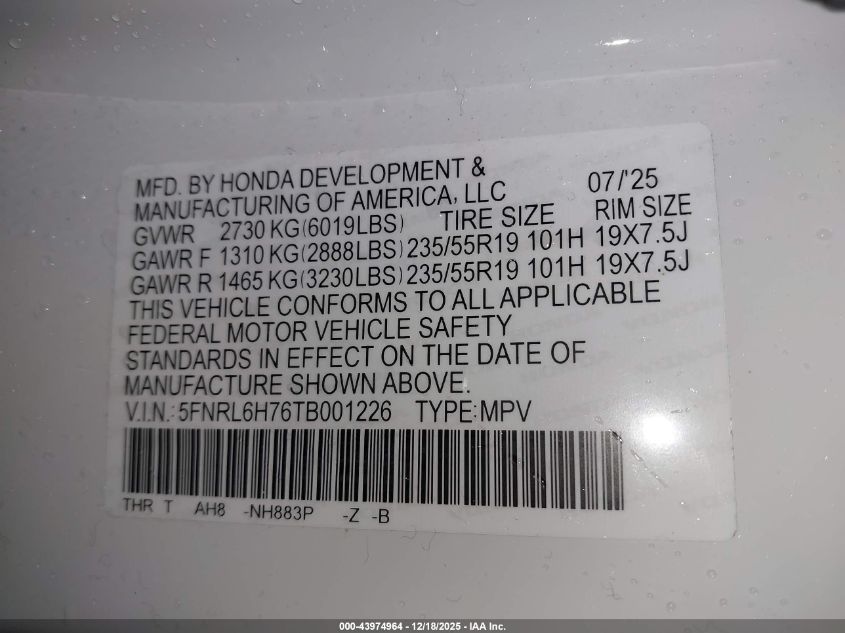 2026 Honda Odyssey Sport-L VIN: 5FNRL6H76TB001226 Lot: 43974964