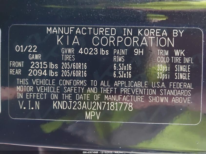 2022 Kia Soul Lx VIN: KNDJ23AU2N7181778 Lot: 43974966