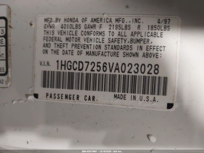 1997 Honda Accord Ex VIN: 1HGCD7256VA023028 Lot: 43974967