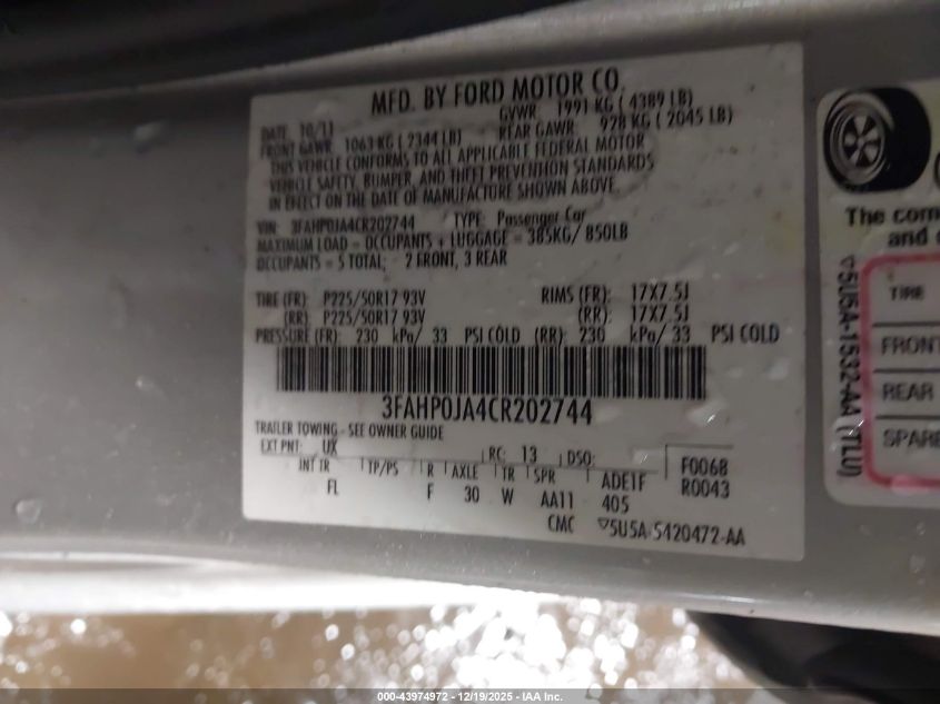 2012 Ford Fusion Sel VIN: 3FAHP0JA4CR202744 Lot: 43974972