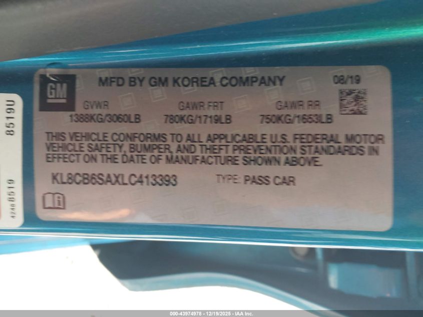 2020 Chevrolet Spark Fwd Ls Automatic VIN: KL8CB6SAXLC413393 Lot: 43974978