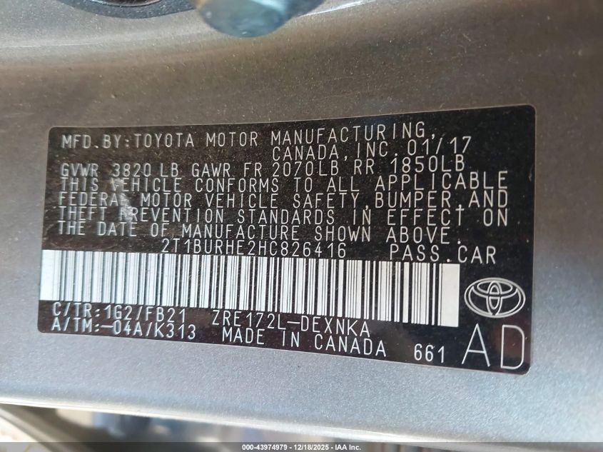 2017 Toyota Corolla Le VIN: 2T1BURHE2HC826416 Lot: 43974979