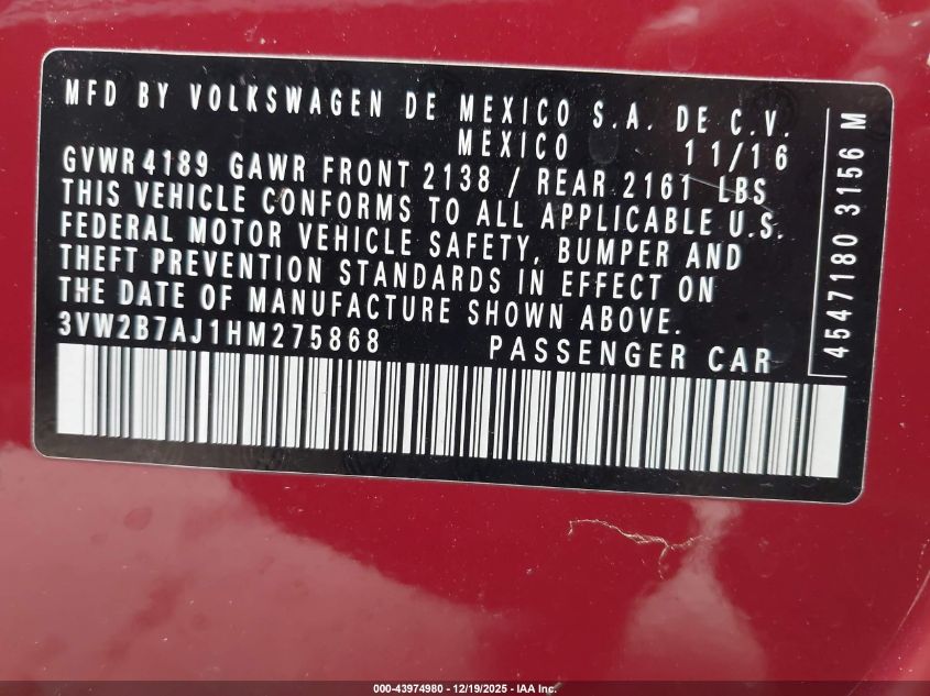 2017 Volkswagen Jetta 1.4T S VIN: 3VW2B7AJ1HM275868 Lot: 43974980
