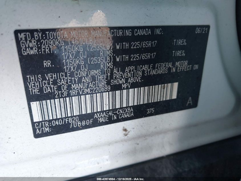 2021 Toyota Rav4 Le VIN: 2T3F1RFV3MC220699 Lot: 43974984