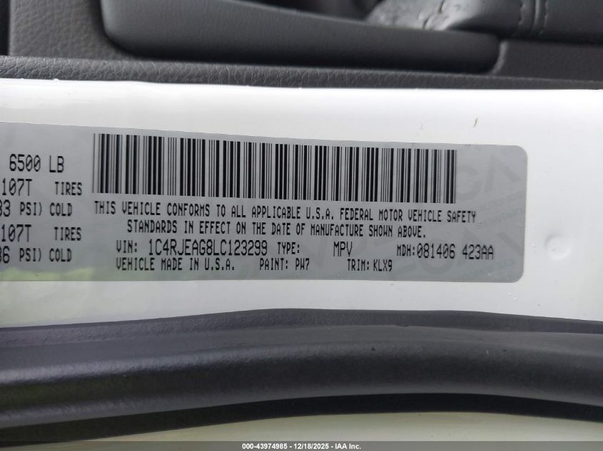 2020 Jeep Grand Cherokee Altitude 4X2 VIN: 1C4RJEAG8LC123299 Lot: 43974985