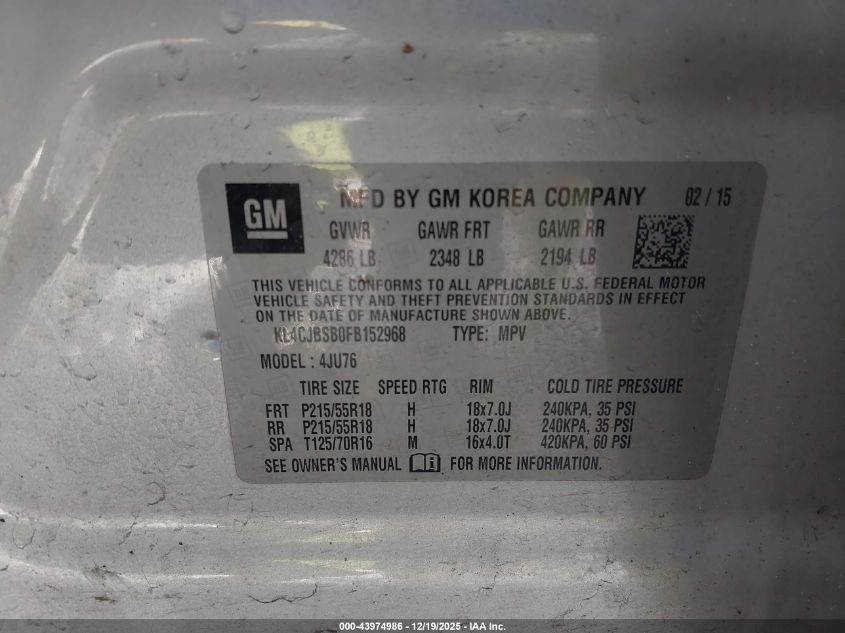 2015 Buick Encore Convenience VIN: KL4CJBSB0FB152968 Lot: 43974986