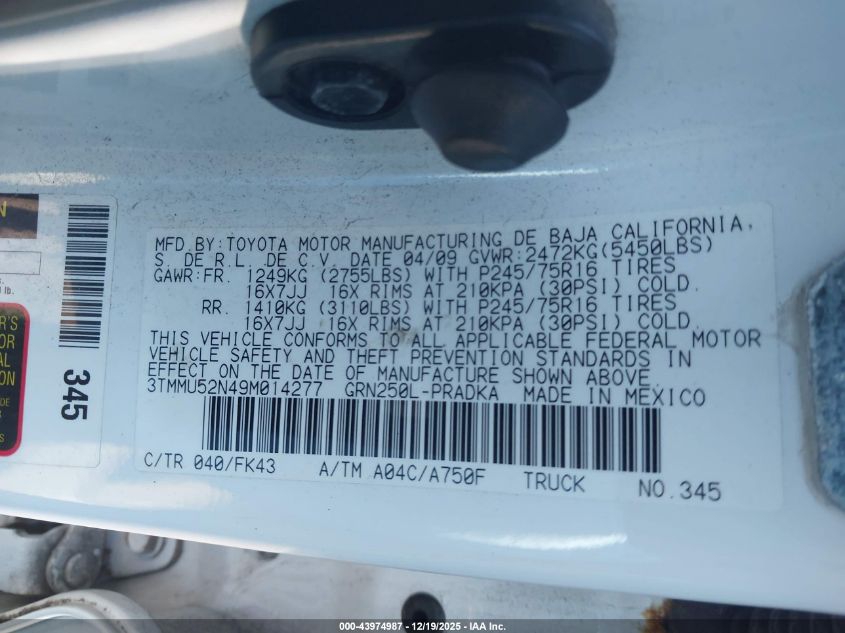 2009 Toyota Tacoma Base V6 VIN: 3TMMU52N49M014277 Lot: 43974987