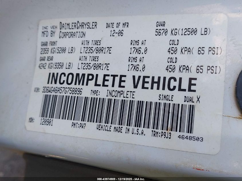 2007 Dodge Ram 3500 Hd Chassis St/Slt VIN: 3D6WG46A57G758896 Lot: 43974989