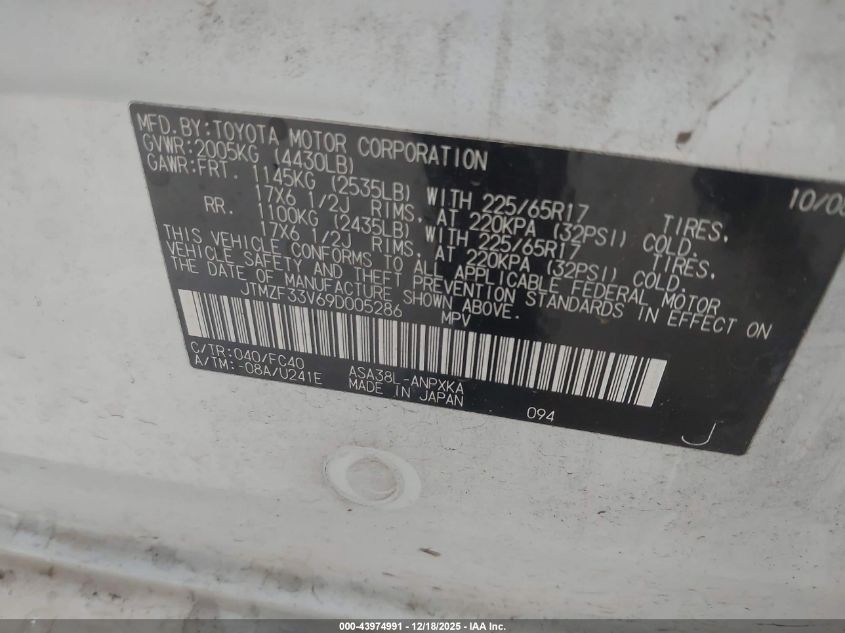 2009 Toyota Rav4 VIN: JTMZF33V69D005286 Lot: 43974991