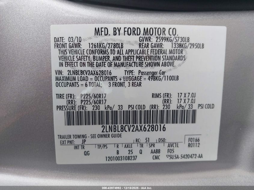 2010 Lincoln Town Car Signature Limited VIN: 2LNBL8CV2AX628016 Lot: 43974992