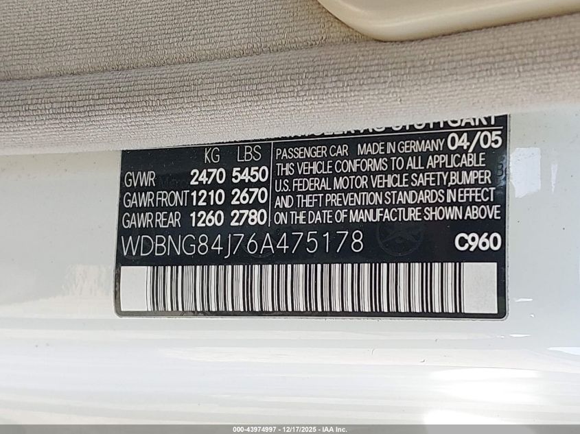 2006 Mercedes-Benz S 500 4Matic VIN: WDBNG84J76A475178 Lot: 43974997