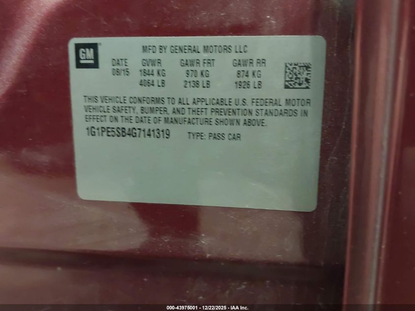 2016 Chevrolet Cruze Limited 1Lt Auto VIN: 1G1PE5SB4G7141319 Lot: 43975001